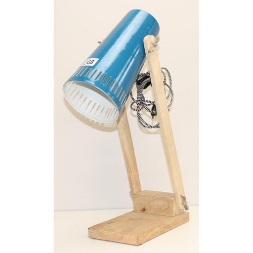 268 - Retro style wooden framed table lamp with blue painted metal shade, approx 53cm tall