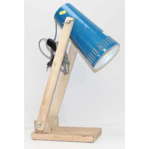 268 - Retro style wooden framed table lamp with blue painted metal shade, approx 53cm tall