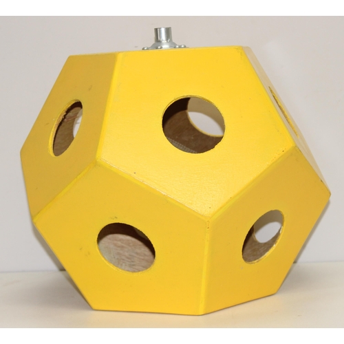 269 - An unusual retro yellow painted wooden lamp shade of dodecahedron form, approx 36cm tall