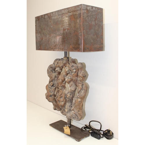 274 - An unusual modern root wood table lamp with pierced copper shade, approx 68cm tall