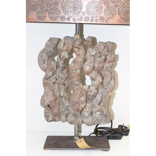 274 - An unusual modern root wood table lamp with pierced copper shade, approx 68cm tall