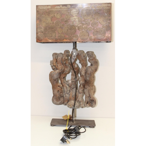 274 - An unusual modern root wood table lamp with pierced copper shade, approx 68cm tall