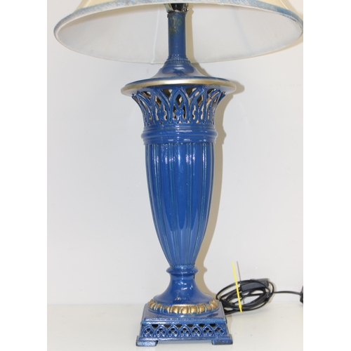 275 - A large blue painted classical urn style table lamp with shade, approx 92cm tall