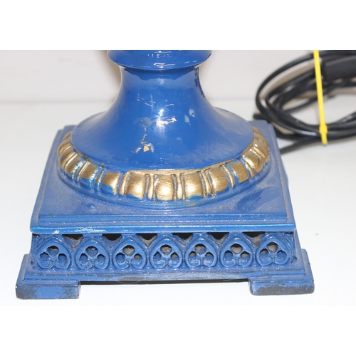 275 - A large blue painted classical urn style table lamp with shade, approx 92cm tall