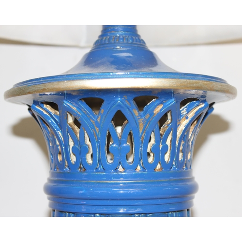 275 - A large blue painted classical urn style table lamp with shade, approx 92cm tall