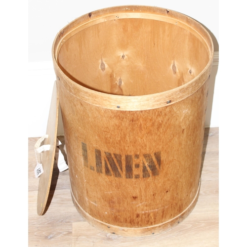 321 - A vintage wooden linen box or barrel, stencilled lettering to side, approx 41cm in diameter x 61cm t... 