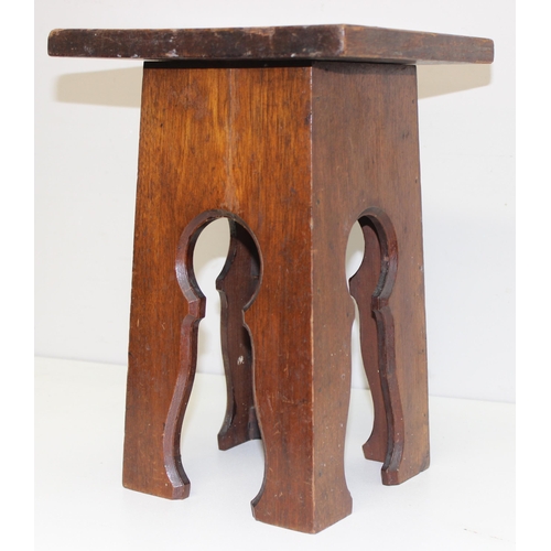 324 - A vintage oak stick stand with barley-twist supports and a small Liberty style Moorish side table or... 