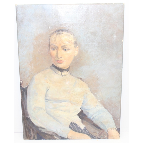 404 - Early to mid 20th century oil on canvas of a female, seemingly unsigned, approx 76cm x 56cm