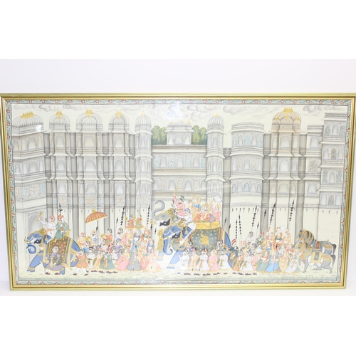 450H - A highly decorative colourful Mughal Indian school painting on cloth of a royal procession in glazed... 