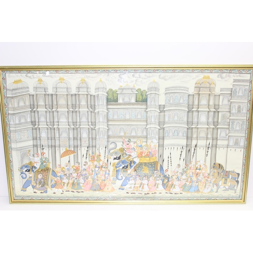 450H - A highly decorative colourful Mughal Indian school painting on cloth of a royal procession in glazed... 