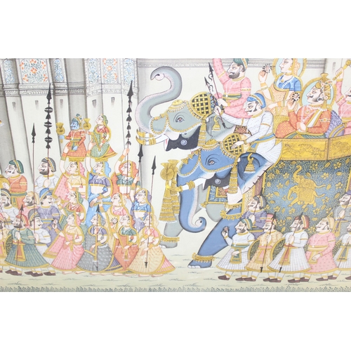 450H - A highly decorative colourful Mughal Indian school painting on cloth of a royal procession in glazed... 