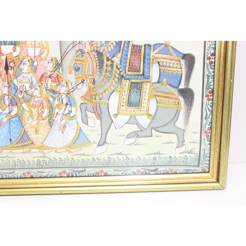 450H - A highly decorative colourful Mughal Indian school painting on cloth of a royal procession in glazed... 