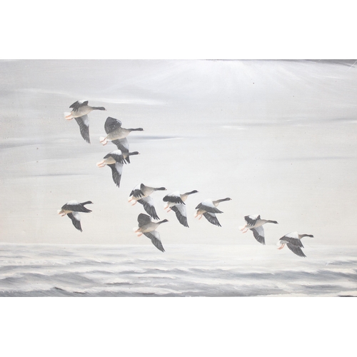 450K - Mackenzie Thorpe (1908-1976) Geese in Flight Signed and dated 1965, oil on canvas measuring approx 8... 