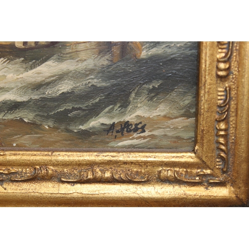 450M - Antique style marine landscape oil on board painting, signed bottom right 'A. Hess? in ornate gilt f... 