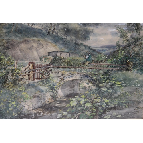 450N - Cecil J Thornton (1911-2001), 2 x watercolours of man on an overgrown rural stone bridge, and one of... 