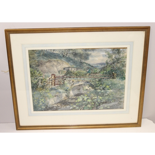 450N - Cecil J Thornton (1911-2001), 2 x watercolours of man on an overgrown rural stone bridge, and one of... 