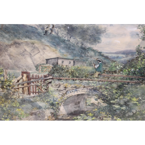 450N - Cecil J Thornton (1911-2001), 2 x watercolours of man on an overgrown rural stone bridge, and one of... 