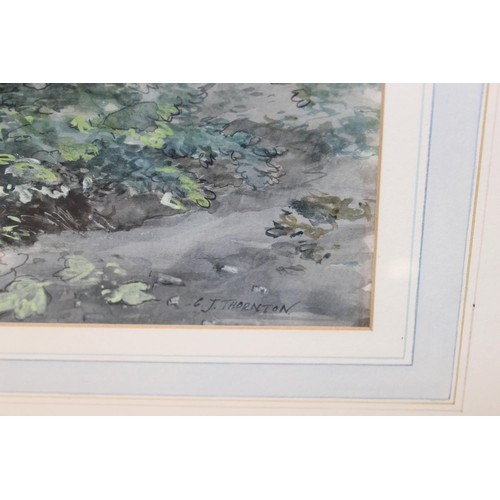 450N - Cecil J Thornton (1911-2001), 2 x watercolours of man on an overgrown rural stone bridge, and one of... 