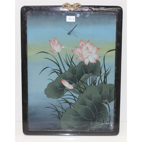 450U - Early 20th century Japanese reverse painted glass panel in lacquered frame of a dragonfly and waterl... 