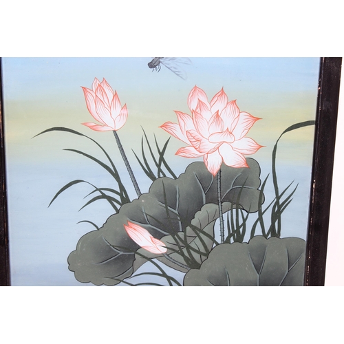 450U - Early 20th century Japanese reverse painted glass panel in lacquered frame of a dragonfly and waterl... 