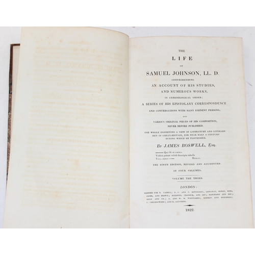 573 - The Life of Samuel Johnson by James Boswell, published by T Cadell, 1822, 4 volumes, half leather bi... 