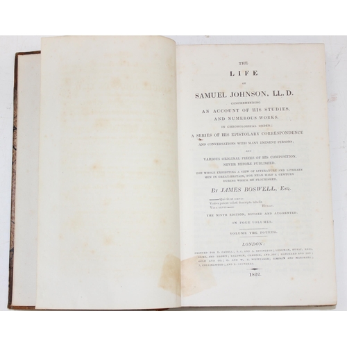 573 - The Life of Samuel Johnson by James Boswell, published by T Cadell, 1822, 4 volumes, half leather bi... 