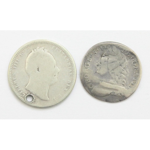 1208 - George II 1758 silver sixpence or 6d coin and a William IV 1834 shilling coin (2)