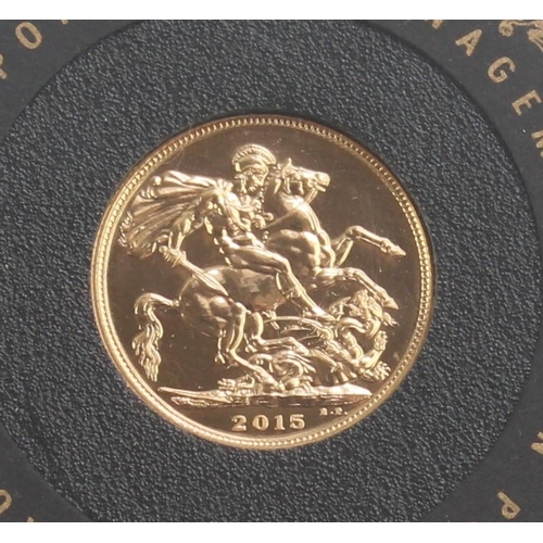 1220 - Gold Coins - 2015 Queen Elizabeth II brilliant uncirculated full gold sovereign coin, with original ... 