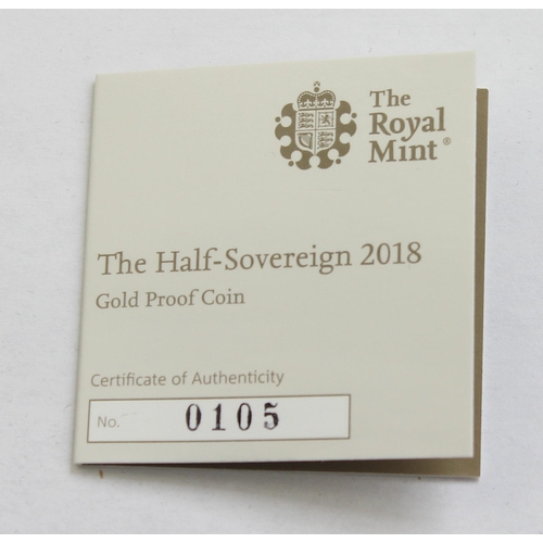 1233 - Gold Coins - Half Sovereign - 2018 Queen Elizabeth II gold proof coin, with original box and paperwo... 