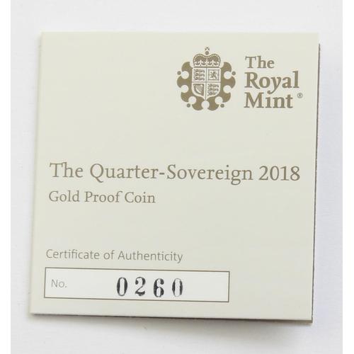 1259 - Gold Coins - Quarter Sovereign - 2018 Queen Elizabeth II gold proof coin, in original box with paper... 