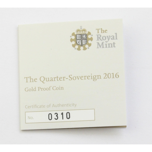 1261 - Gold Coins - Quarter Sovereign - 2016 Queen Elizabeth II gold proof coin, in original box with paper... 