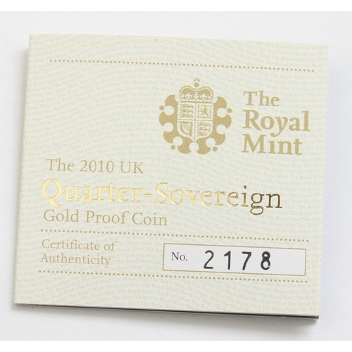 1266 - Gold Coins - Quarter Sovereign - 2010 Queen Elizabeth II gold proof coin, in original box with paper... 