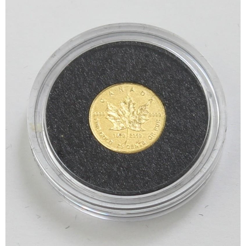 1269A - Gold Coins - Canada 2019 .9999 gold proof 25c Maple Leaf coin, 0.5g, in original box with paperwork