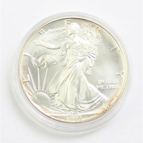 1280 - Silver coins - 1993 USA 1oz fine silver $1 Eagle, in capsule