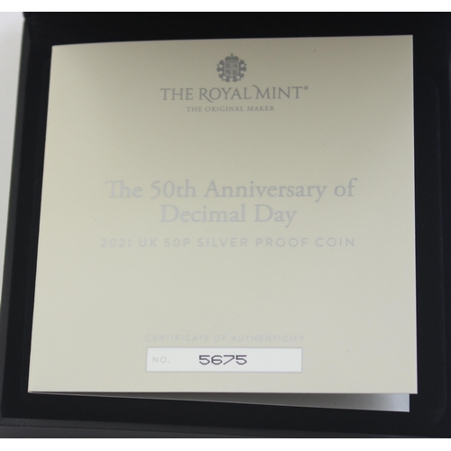 1283 - Silver coins - Royal Mint UK22DDSP 2021 50th Anniversary of Decimal Day silver proof 50p coin, boxed... 