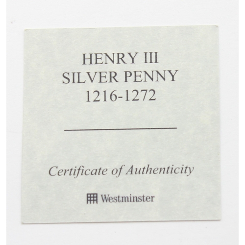 1299F - Silver Coins - Henry III (1216-1272) silver penny, contained in Westminster Mint box with paperwork