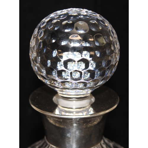 1086 - Silver-collared golf ball design glass decanter with stopper, hallmarks for Sheffield 1996, approx 2... 