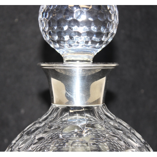 1086 - Silver-collared golf ball design glass decanter with stopper, hallmarks for Sheffield 1996, approx 2... 