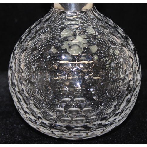 1086 - Silver-collared golf ball design glass decanter with stopper, hallmarks for Sheffield 1996, approx 2... 