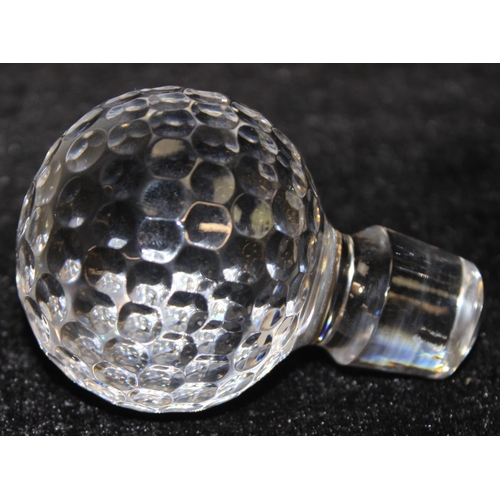 1086 - Silver-collared golf ball design glass decanter with stopper, hallmarks for Sheffield 1996, approx 2... 