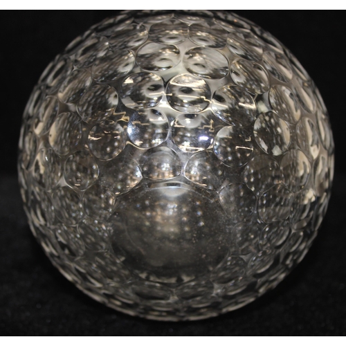 1086 - Silver-collared golf ball design glass decanter with stopper, hallmarks for Sheffield 1996, approx 2... 