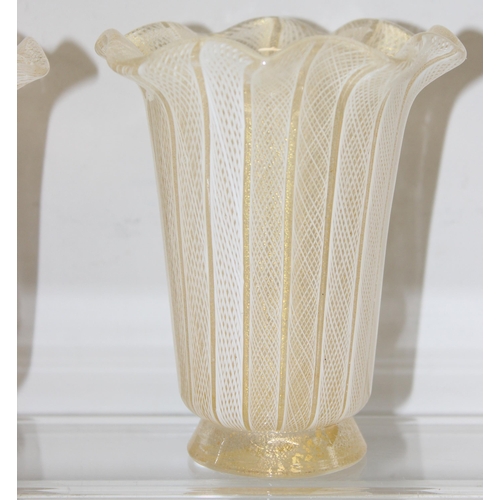 1679 - Pair of mid-century Murano glass vases in Champagne colour with white lattice filagree design and fl... 