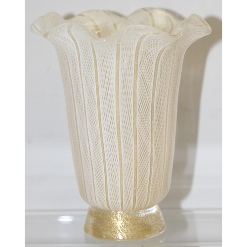 1679 - Pair of mid-century Murano glass vases in Champagne colour with white lattice filagree design and fl... 