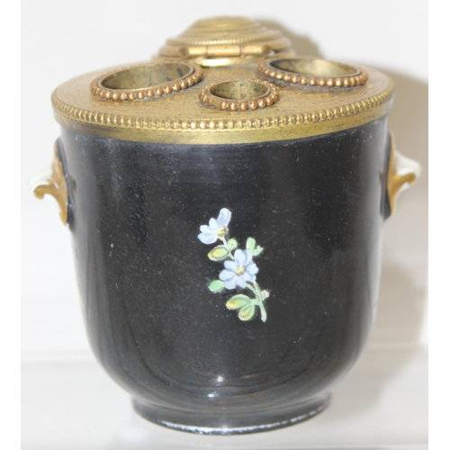 1683 - Limoges Mavaleix and Granger inkwell and a small floral lidded pot in the Meissen style, tallest app... 