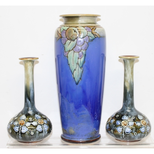 1685 - Pair of Royal Doulton Art Nouveau pottery bud vases and a further Royal Doulton Lambeth vase, talles... 