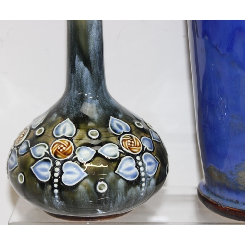 1685 - Pair of Royal Doulton Art Nouveau pottery bud vases and a further Royal Doulton Lambeth vase, talles... 