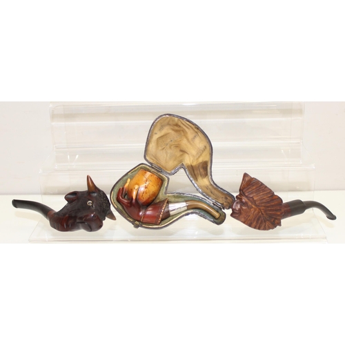 1686 - 3 vintage carved smoking pipes, one in case and a piece of carved bone in the form of a dragon (4)