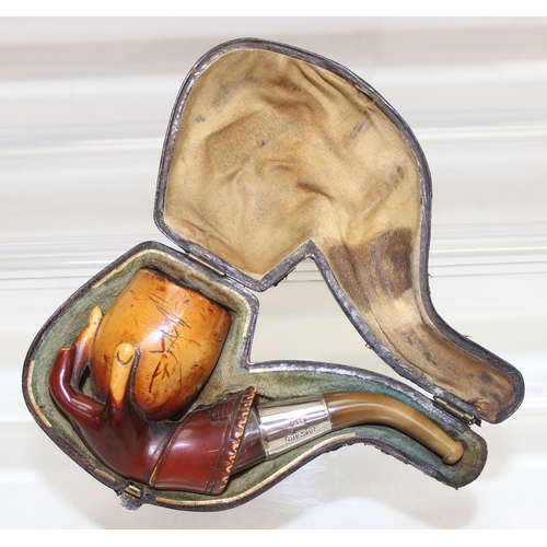 1686 - 3 vintage carved smoking pipes, one in case and a piece of carved bone in the form of a dragon (4)