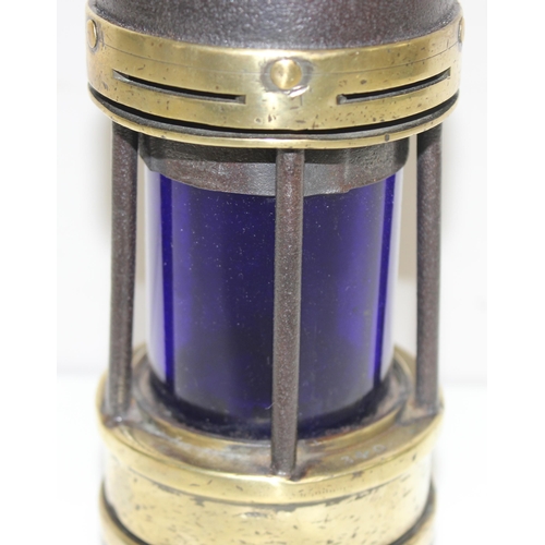 281 - A rare cobalt blue glass miner's lamp with Hailuxu makers etched to glass, approx 25cm, with the int... 