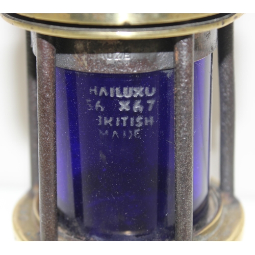 281 - A rare cobalt blue glass miner's lamp with Hailuxu makers etched to glass, approx 25cm, with the int... 